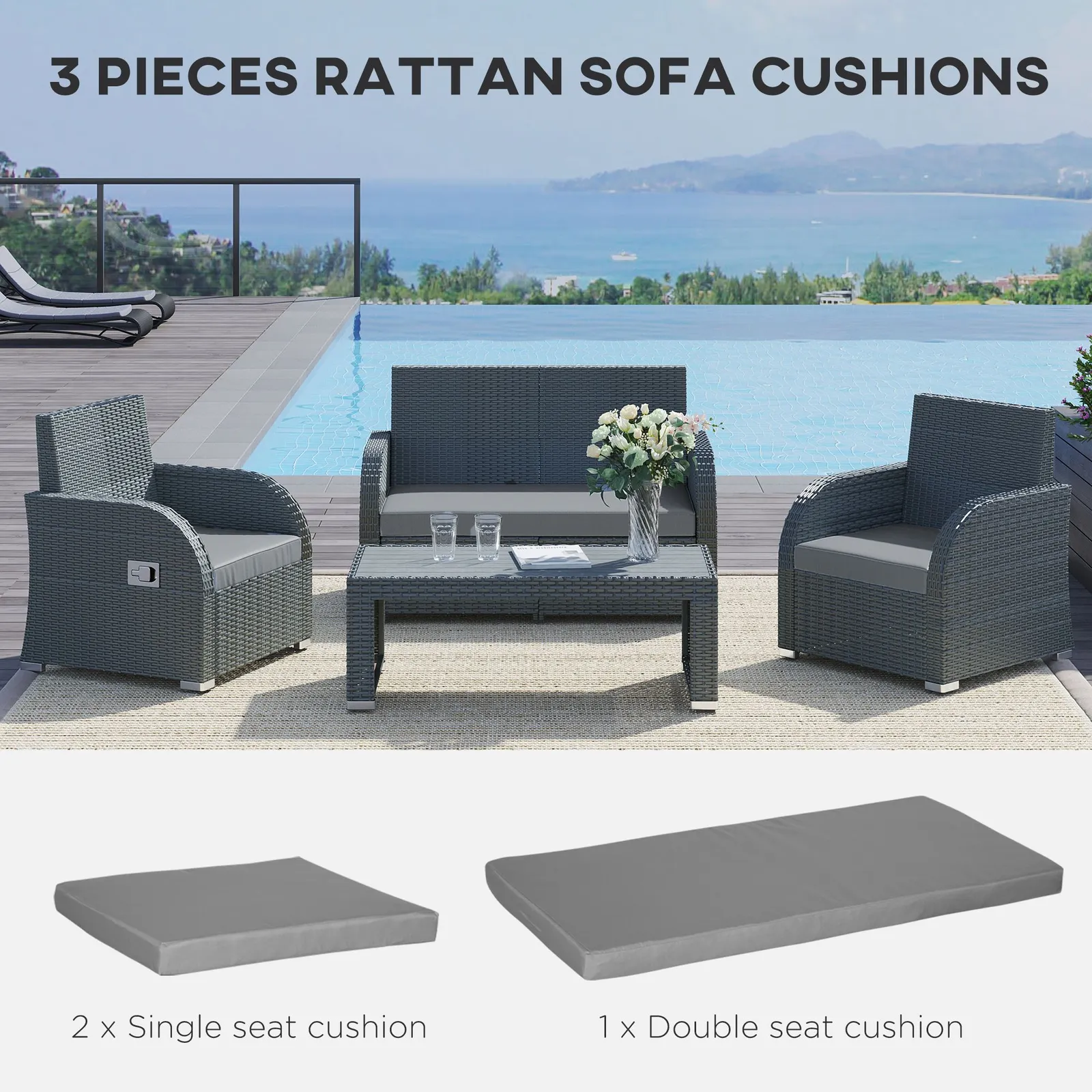 OUTSUNNY 3PCs Rattan Garden Seat Cushions Pads for Patio Furniture in Dark Grey 4