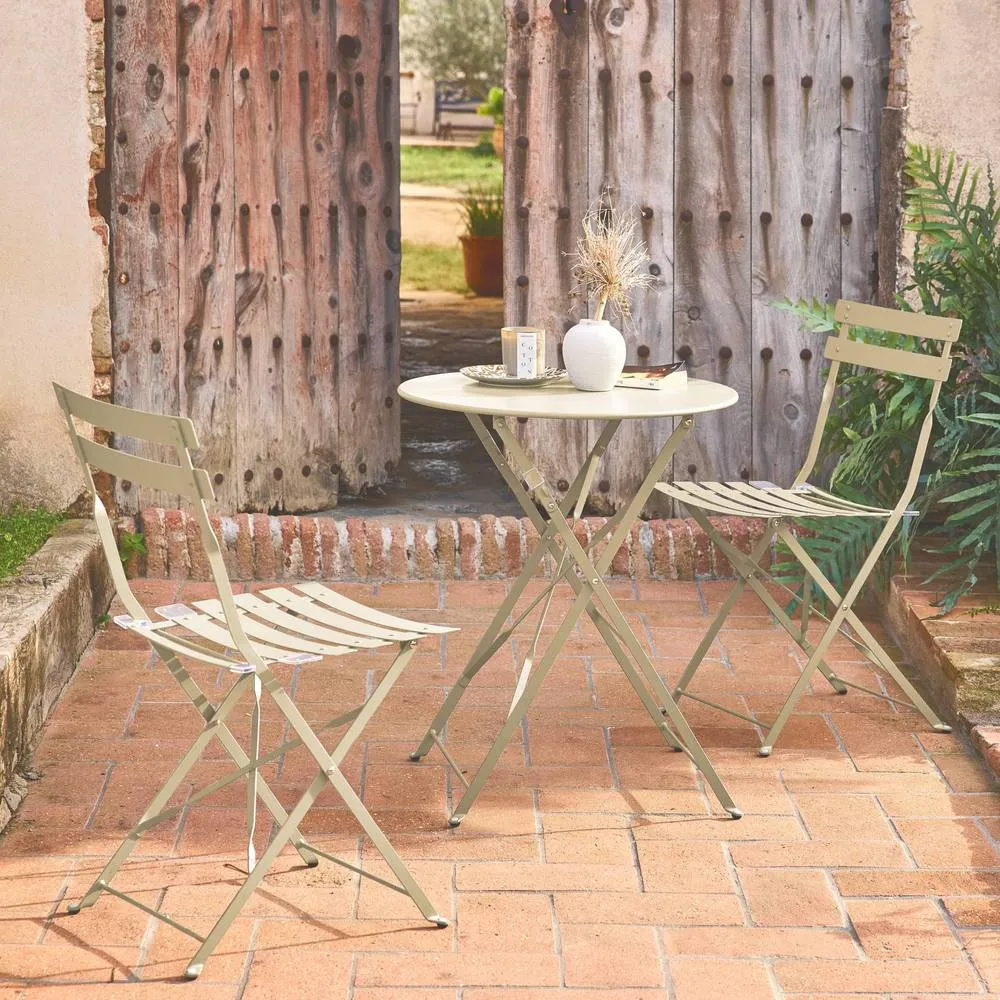 sweeek Round folding metal bistro garden table with 2 chairs in Beige 3