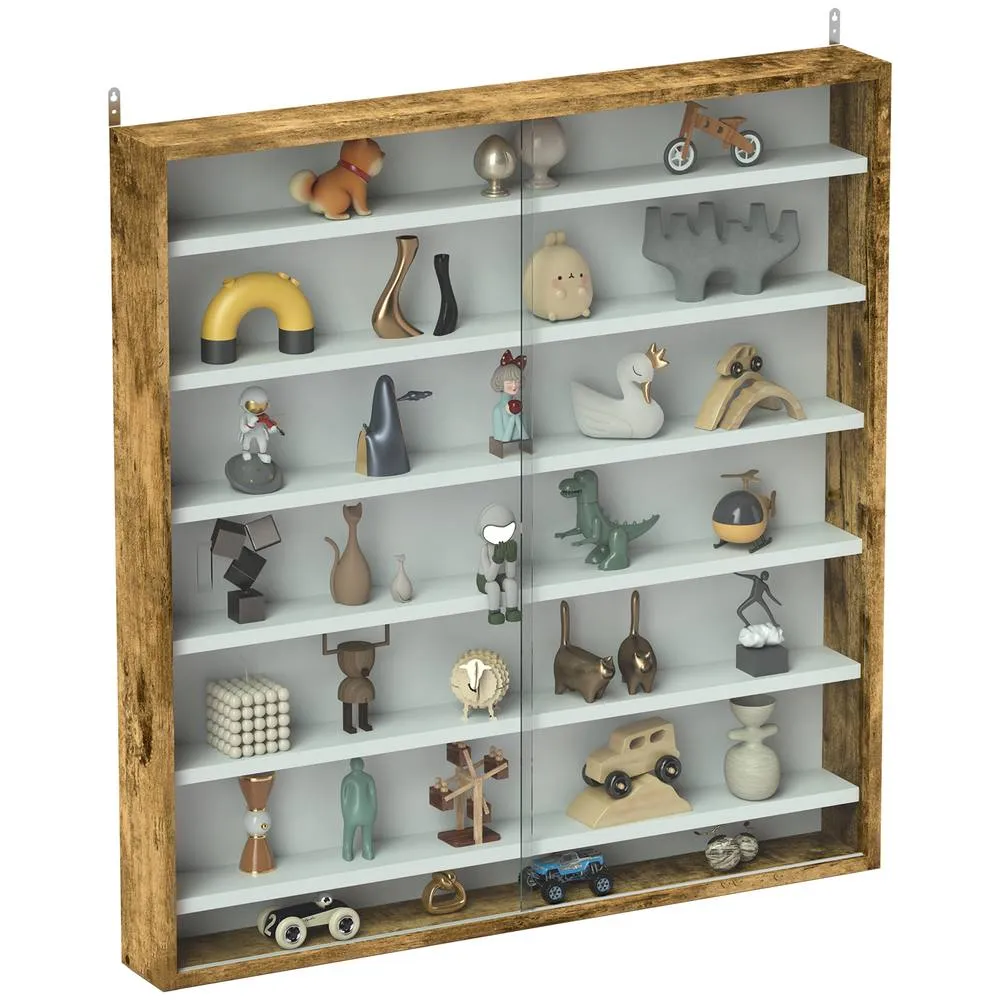 HOMCOM 7-Tier Wall Display Cabinet w/ Adjustable Shelves Glass Doors in Brown 2
