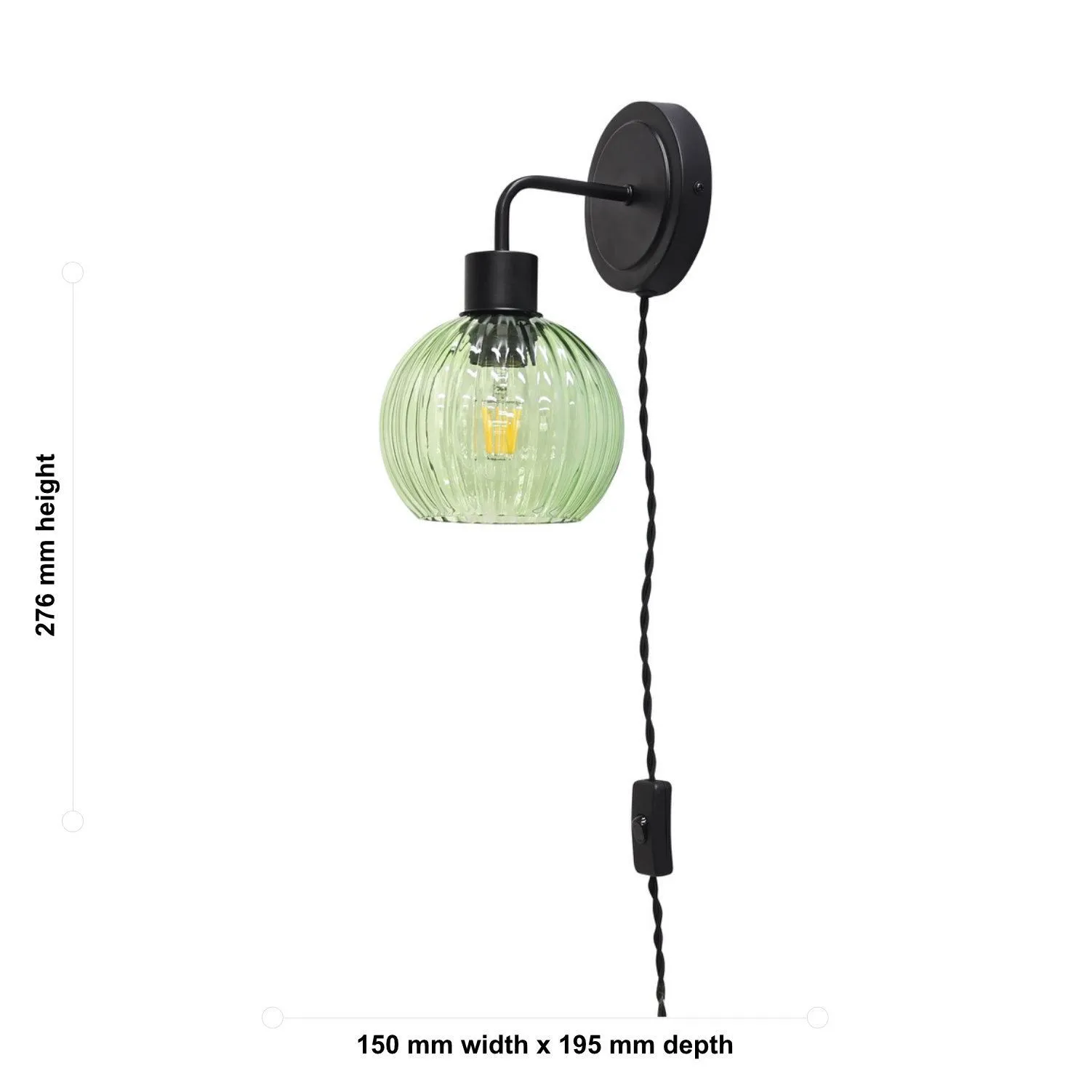 First Choice Lighting Set of 2 Toby - Black Plug in Wall Lights Green Ribbed Shades 6