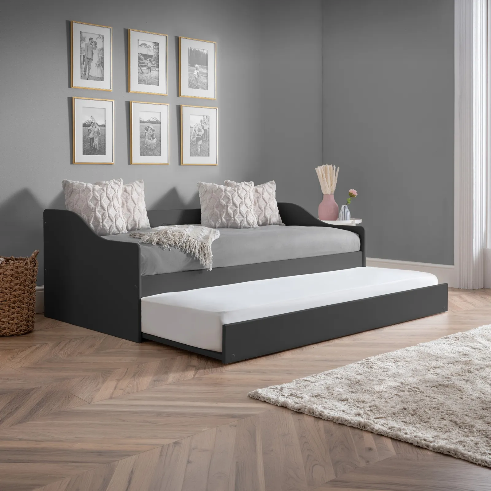 Elba - Single - Day Bed - Guest Bed Trundle - Dark Grey - Wooden - 3ft - Happy Beds 1