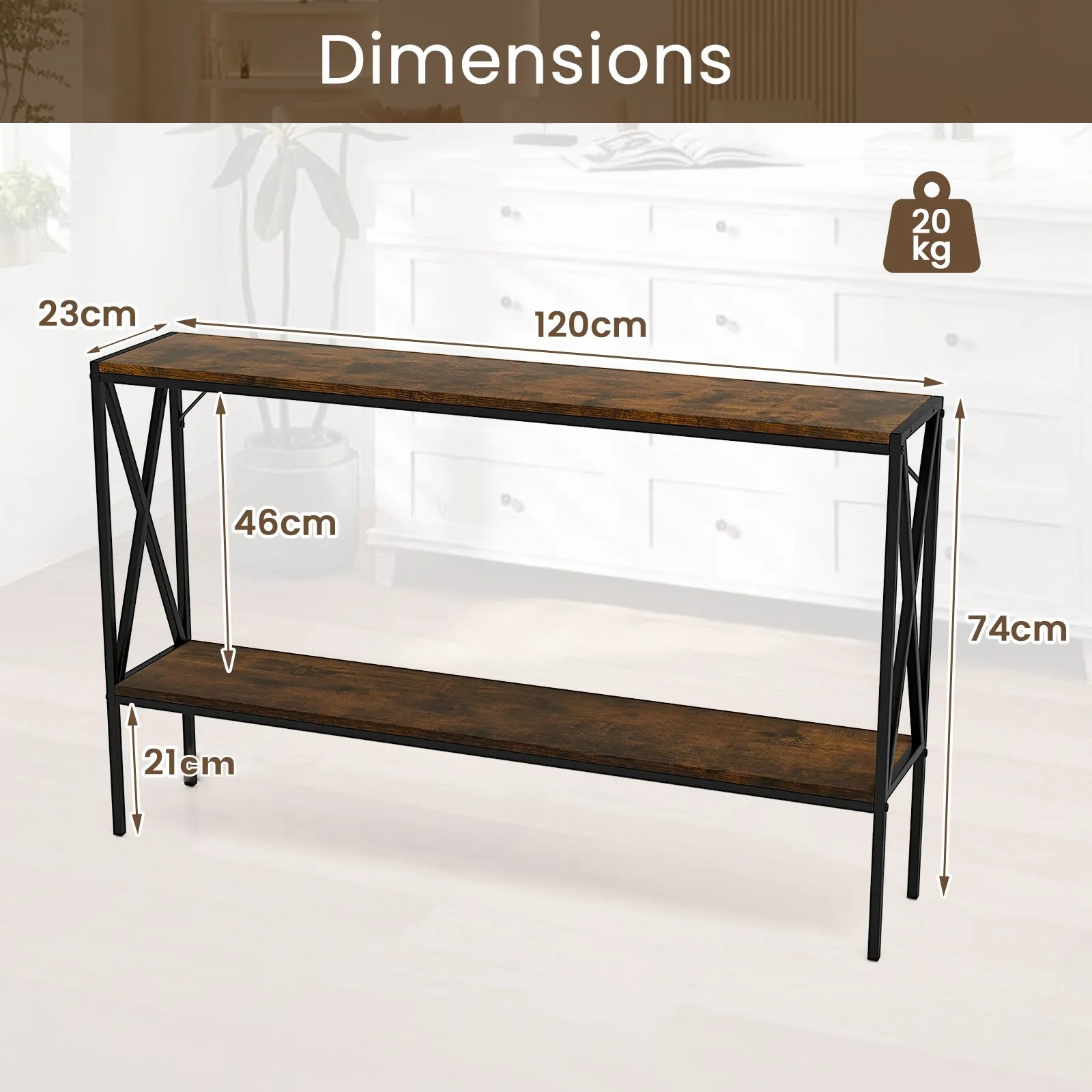 Costway Industrial Console Table 2-Tier Narrow Sofa Table Behind Couch in Brown 5