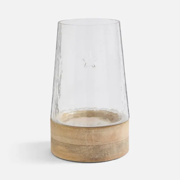 Embossed Star Glass & Wooden Hurricane Candle Holder 3