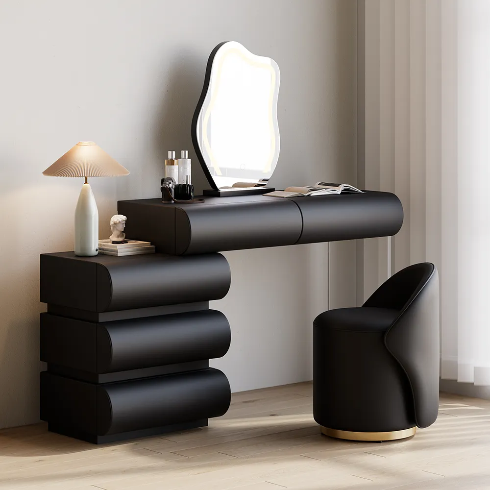 Leather Humply Modern Black Dressing Table with Chair PU Dressing Table with Stool & LED Mirror