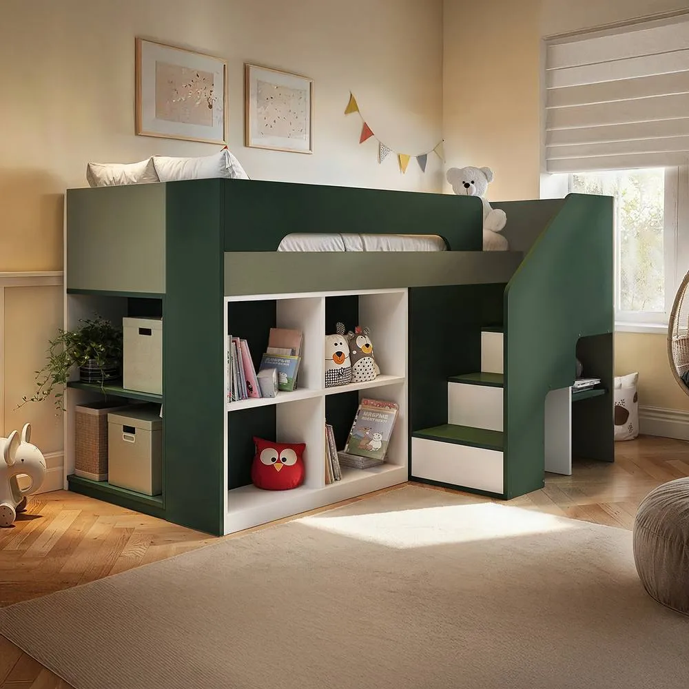 Flair Quinn Staircase Mid Sleeper Bed with Storage in Green 1