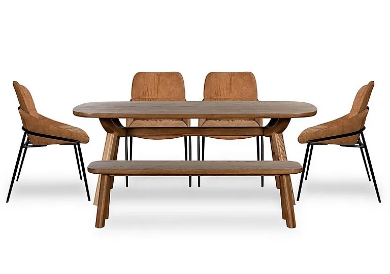 Pien Large Boat Shaped Oak Fixed Dining Table, 4 Faux Leather Chairs with Metal Legs and a Large Bench - Tan - In Time for Christmas