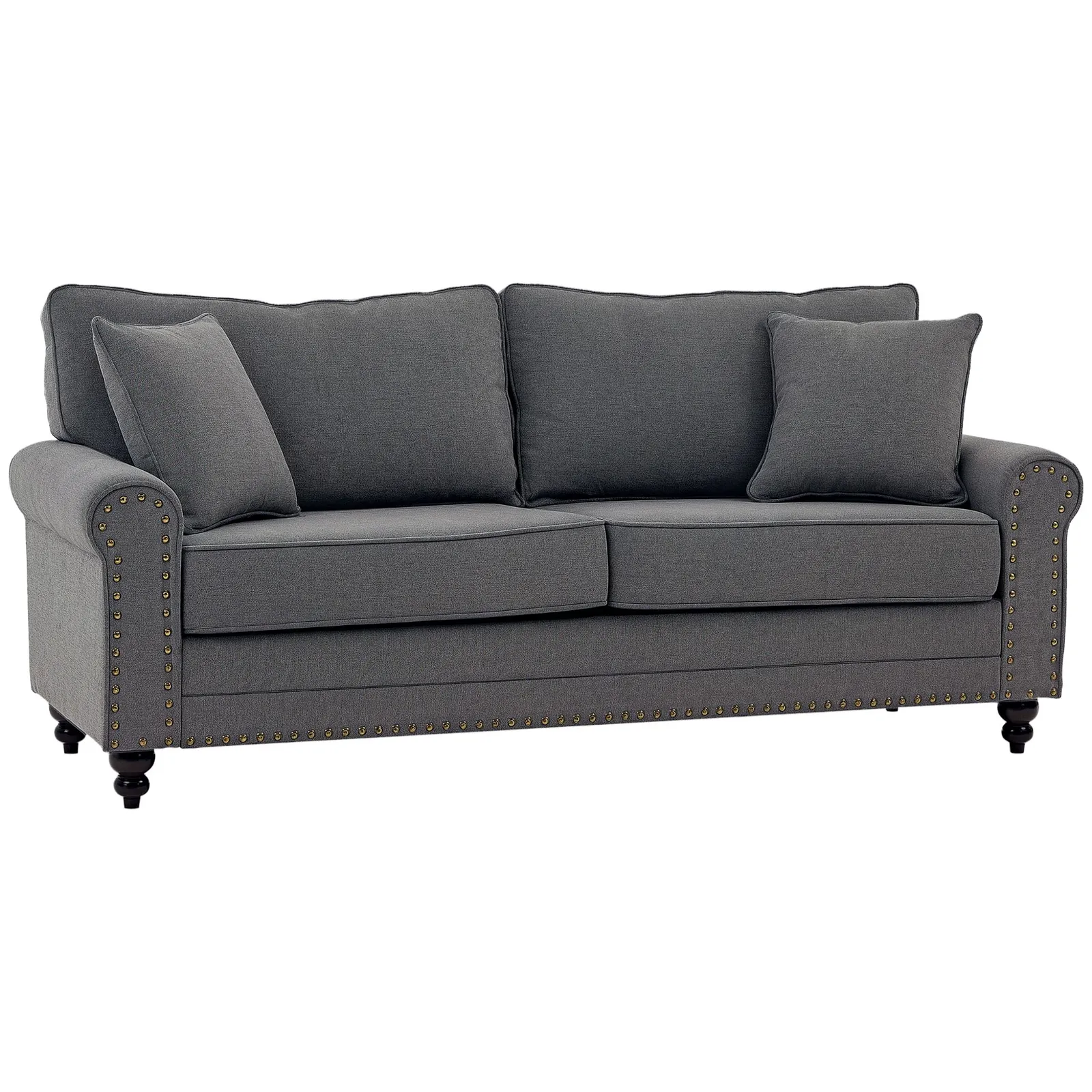HOMCOM 3 Seater Sofas Fabric Sofa with Nailhead Trim Cushions & Throw Pillows in Grey 2