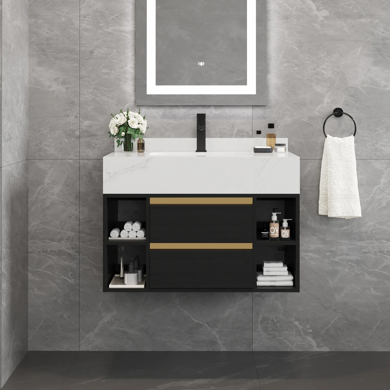 80 cm Floating Bathroom Vanity Set with Ceramic Basin 2 Drawers & Open Shelves in Black