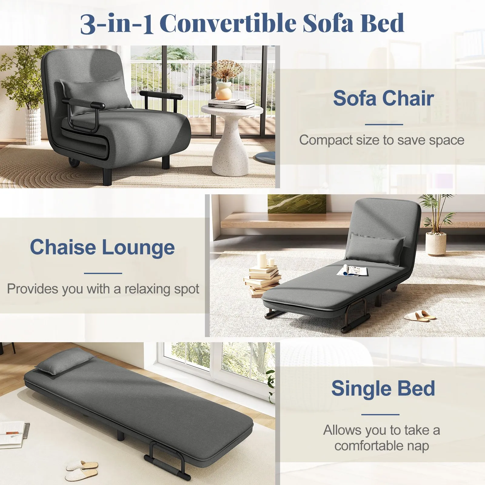 Costway 3-in-1 Convertible Sofa Bed Sleeper Chair w/Lumbar Pillow in Dark Grey 6