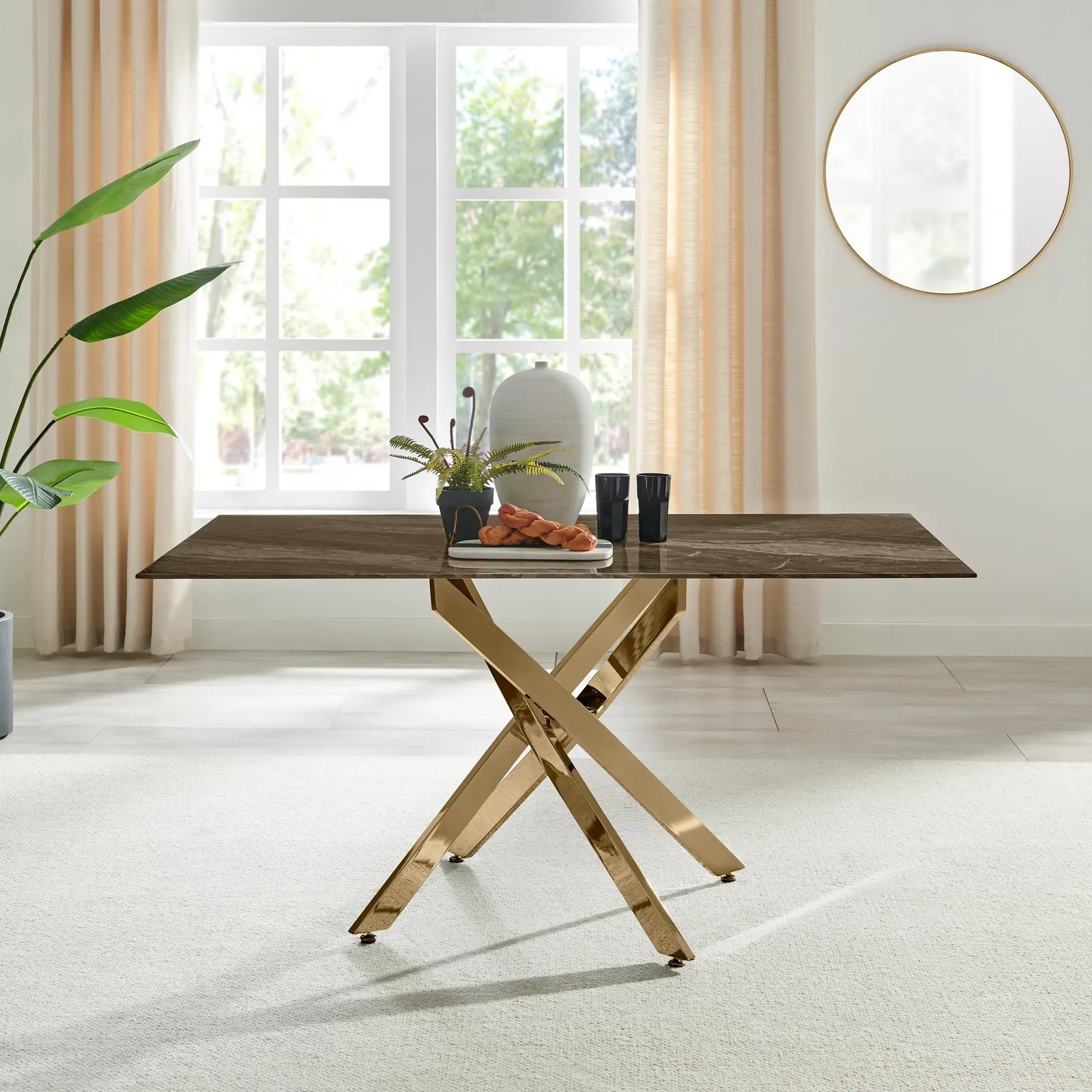 FurnitureboxUK Leonardo 6-Seater Dining Table With Marble Effect Glass Top & Gold Metal Legs in Dark Brown 1