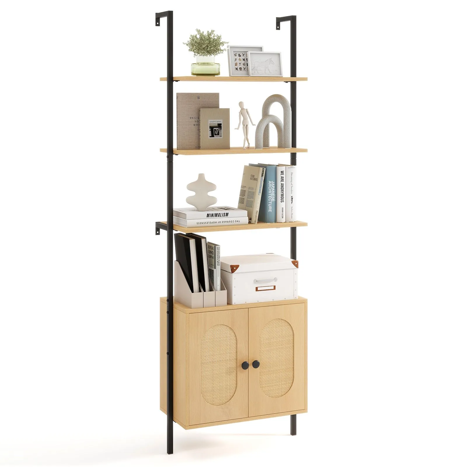 Costway Wall Mount Bookshelf Storage Shelves 6-tier tall display rack w/ Cabinet in Natural