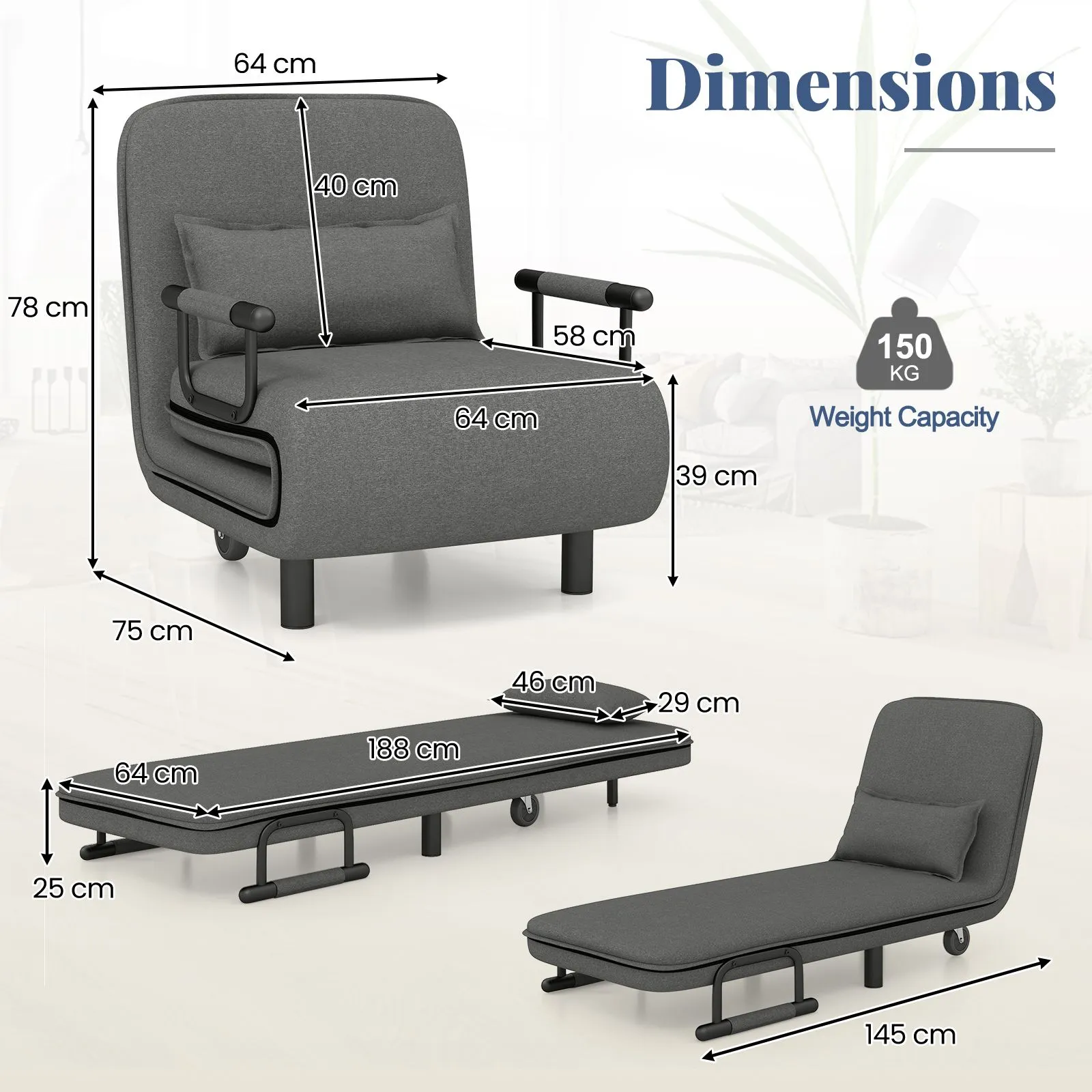 Costway 3-in-1 Convertible Sofa Bed Sleeper Chair w/Lumbar Pillow in Dark Grey 2