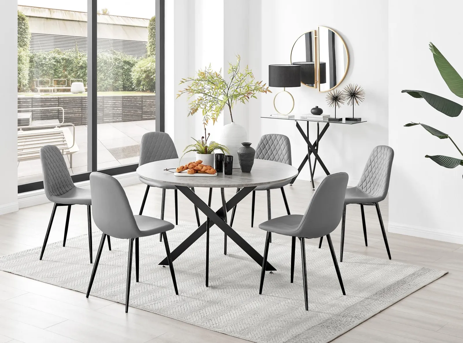 FurnitureboxUK Novara Grey Concrete Effect Black Leg 120cm Round Dining Table & 6 Corona Black Leg Chairs 1