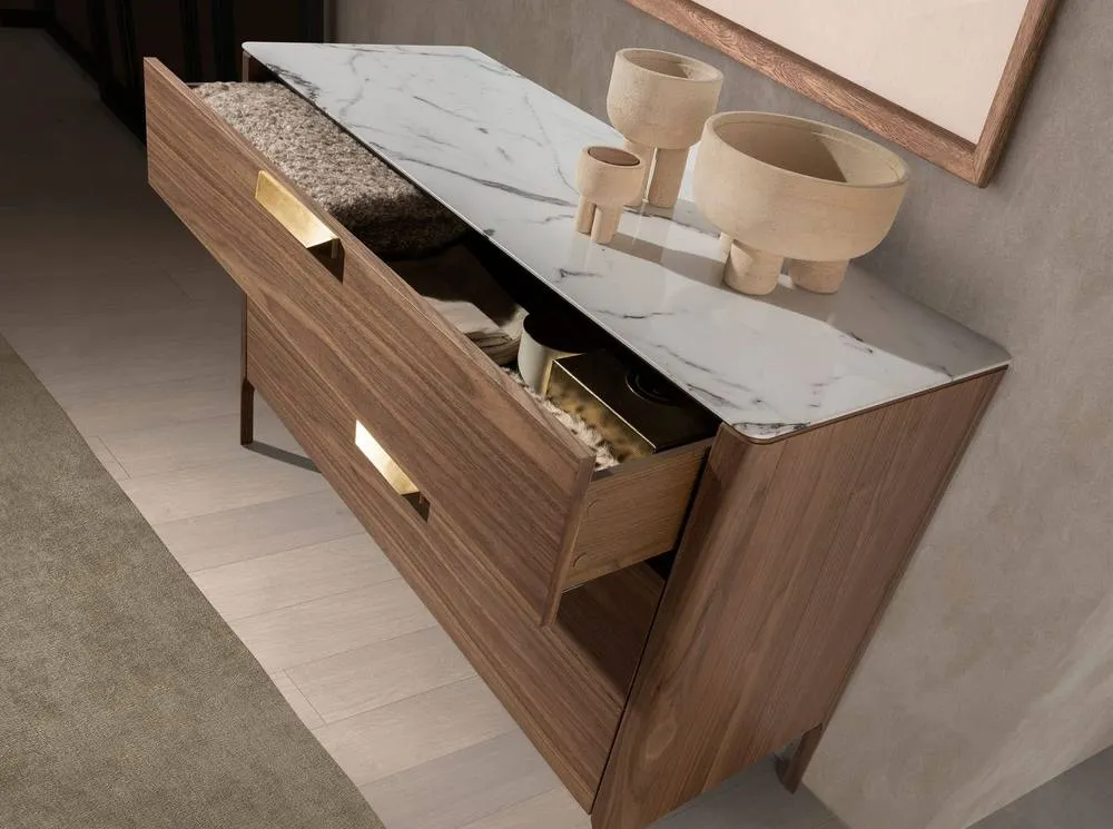 Angel Cerda Walnut-veneer 3-drawer chest with marble-effect glass in Brown 5