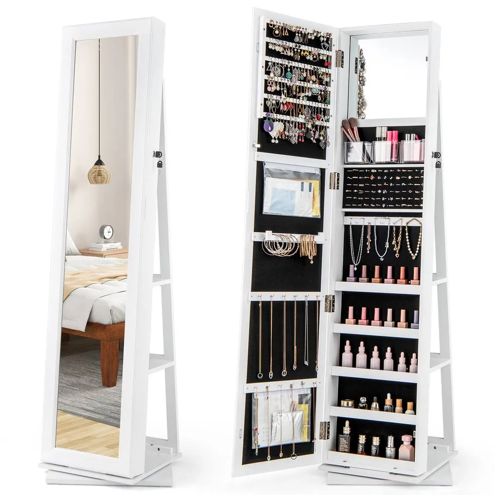 Costway 360° Swivel Jewelry Armoire Standing Organizer Mirror in White