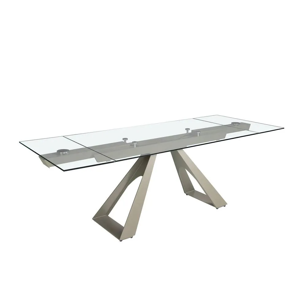 Angel Cerda Rectangular Extendable Dining Table, Tempered Glass, Taupe Steel