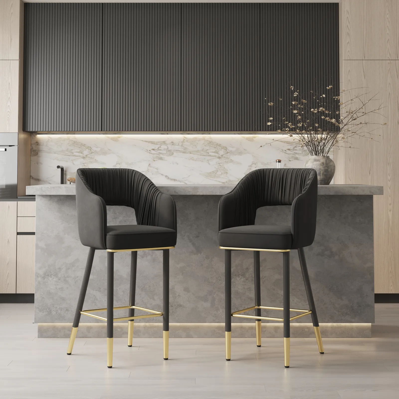 Modern Black Velvet Bar Stool Upholstery with Back and  Footrest