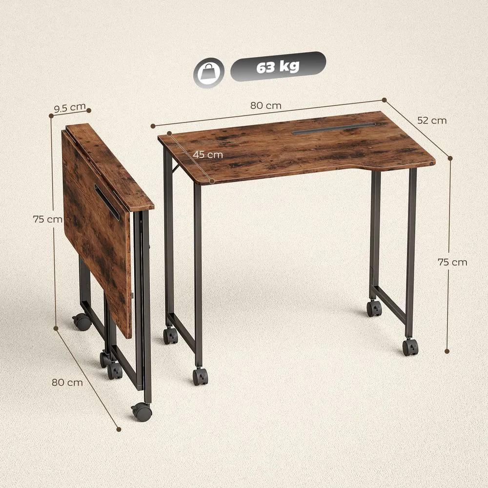 HOMCOM Small Writing Desk with Wheels, Folding Study Table in Brown 3