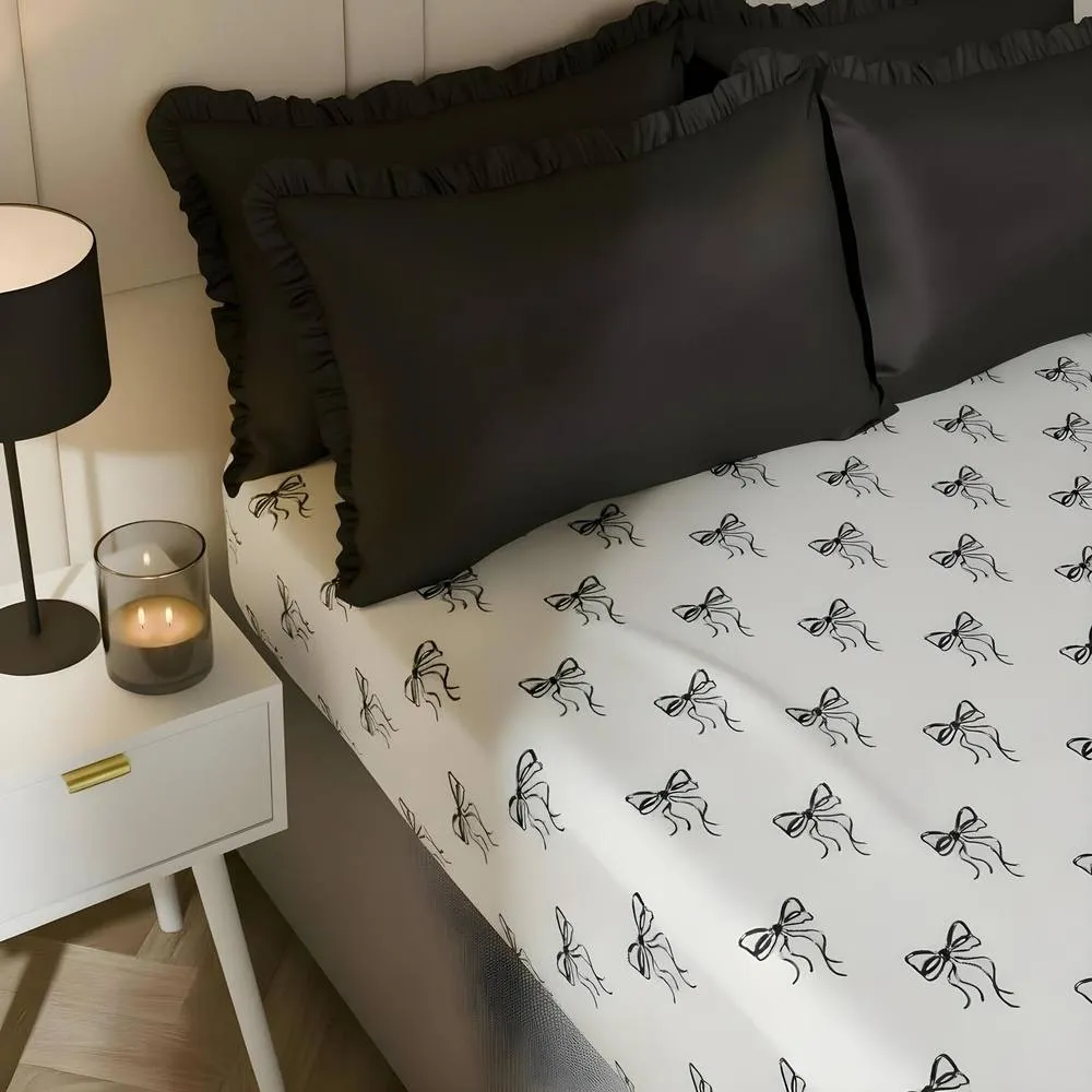 OHS Bows Print Microfibre Easy Care 25cm Deep Fitted Bed Sheet in White | Size: Double Fitted