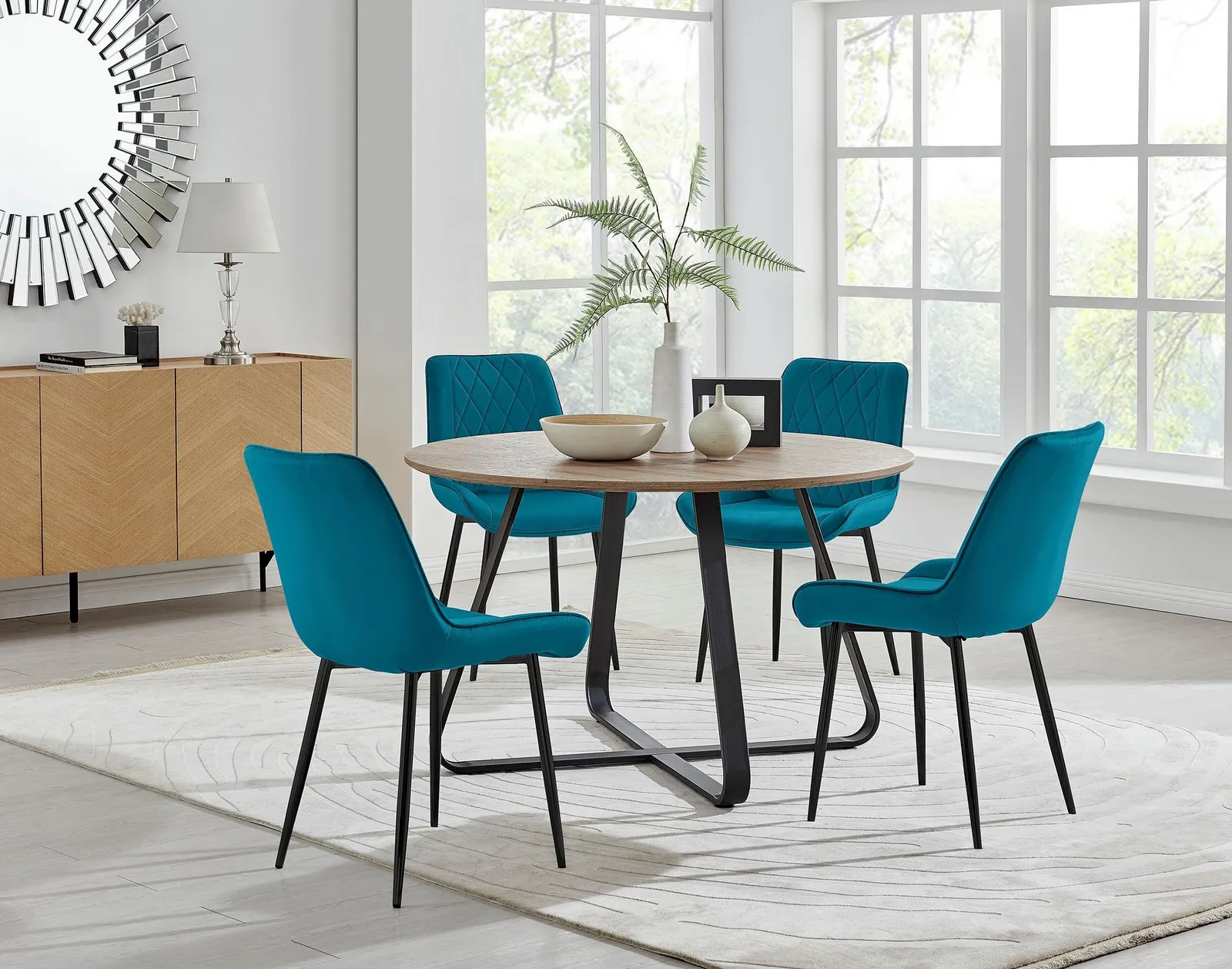 FurnitureboxUK Santorini Brown Round Dining Table & 4 Pesaro Black Leg Chairs in Blue 1