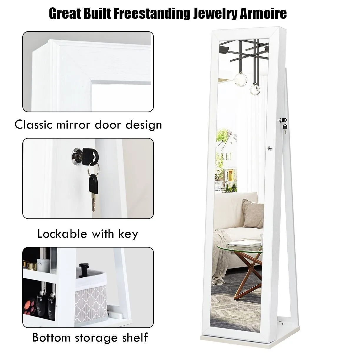 Costway 3in1 Jewelry Cabinet FullLength Mirrored Jewelry Armoire Jewelry Organizer in White 5
