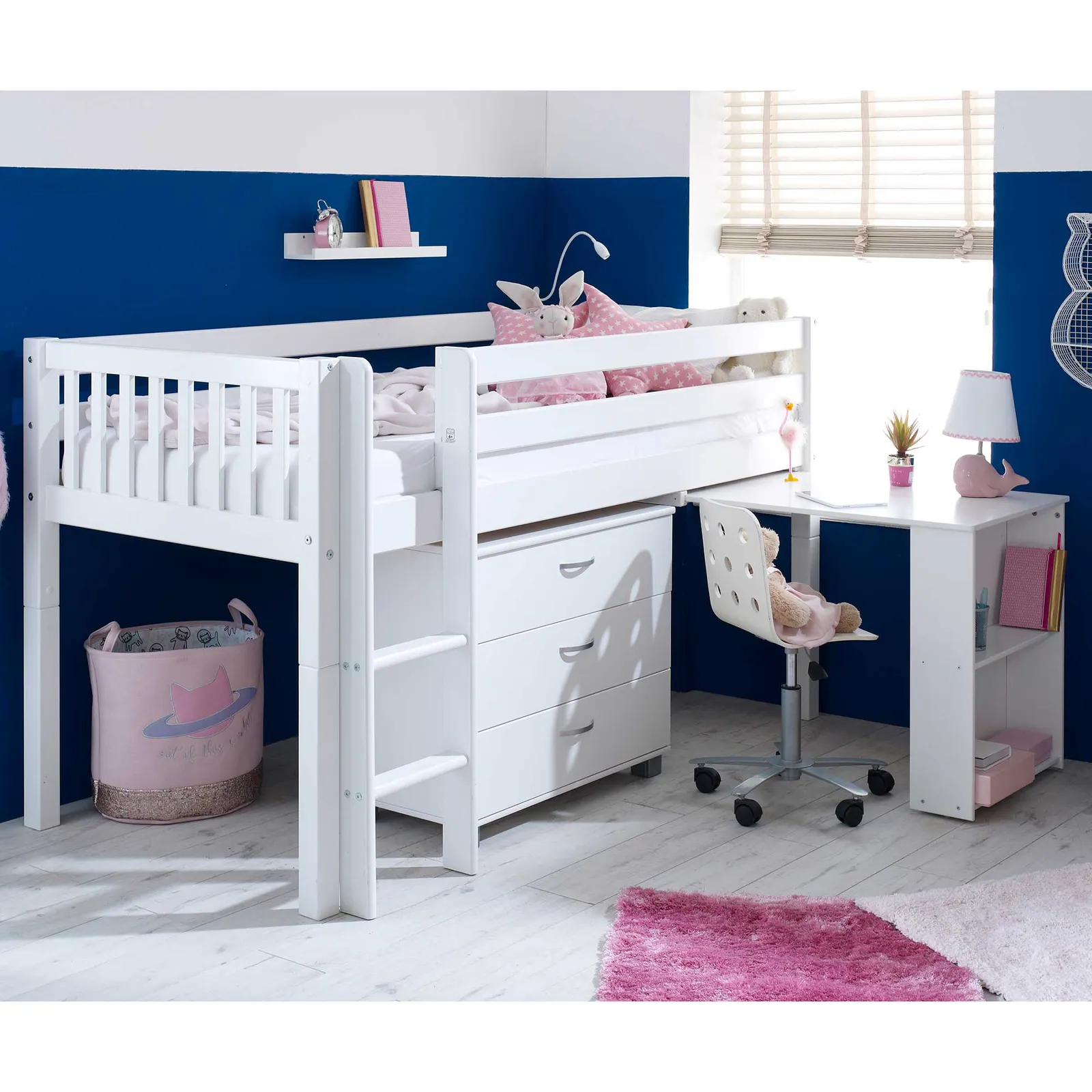 Ferdie Childrens Midsleeper Bed with pull out Desk and Chest