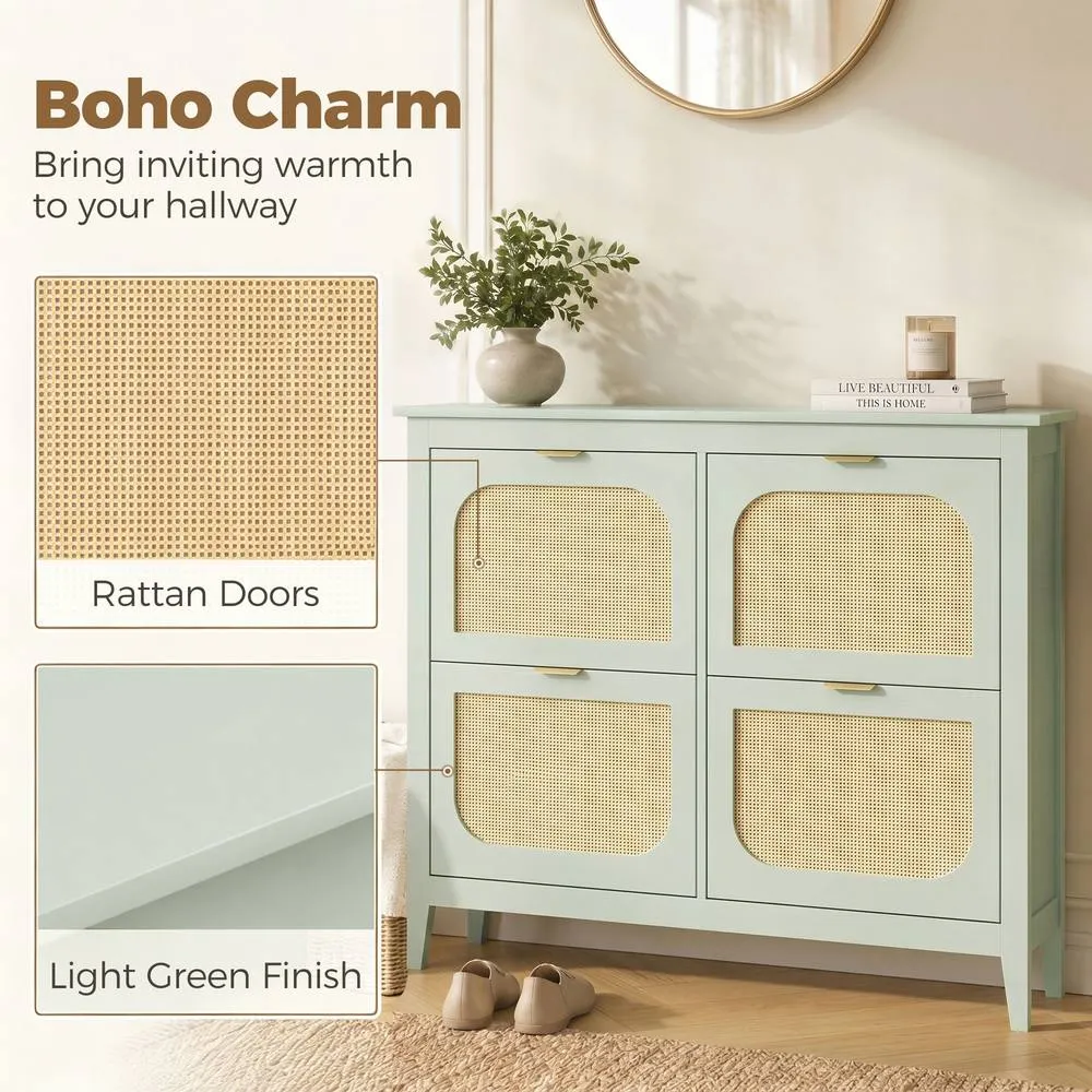 HOMCOM Boho Slim Shoe Cabinet with Rattan Doors, Holds 20 Pairs, Green in Light Green 4