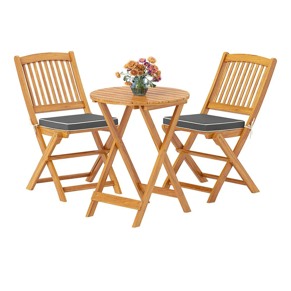 Costway 3 PCS Acacia Wood Folding Bistro Set Outdoor Table & Chairs Set with Cushions in Grey
