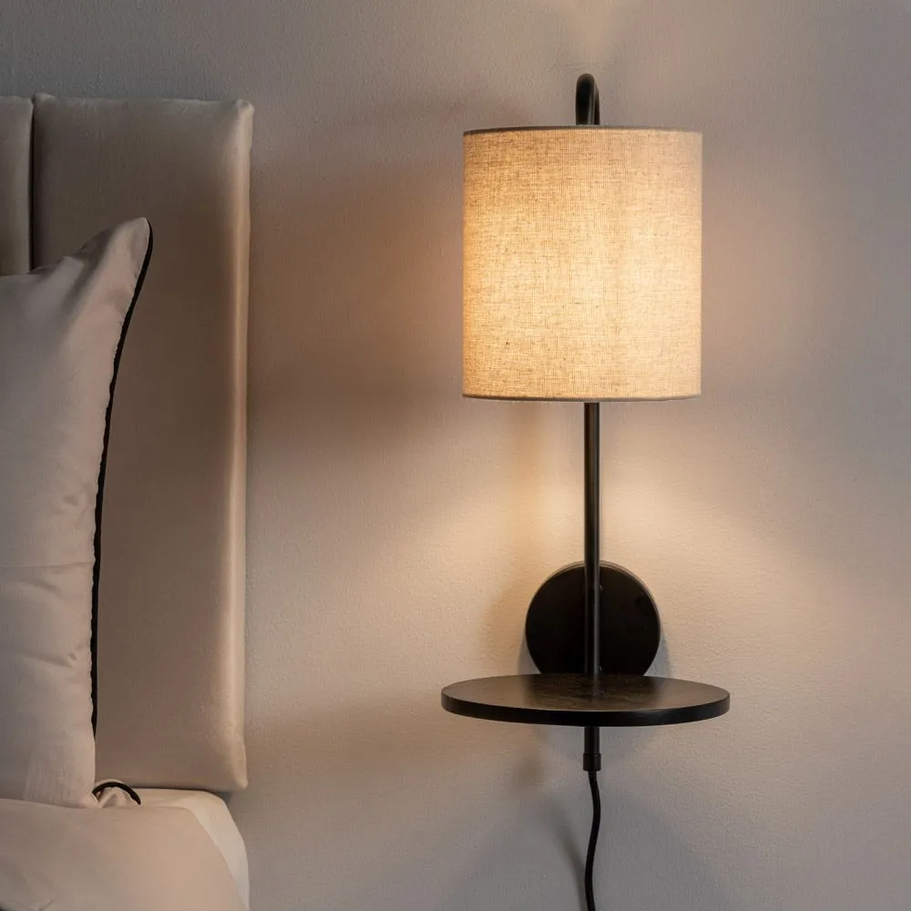 ValueLights Ryan Natural Linen Lamp Shade Black Metal Wall with Black Wood Shelf
