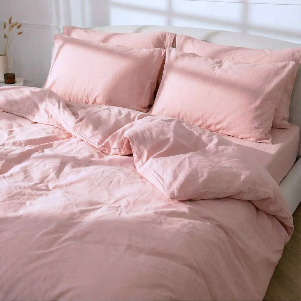 Bedable 100% Cotton Bedding Bundle Percale Cooling Sheets - Duvet Cover + Fitted Sheet + 4 Pillowcases + Duvet + 4 Pillows in Pink