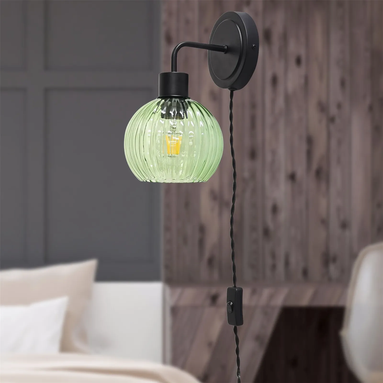First Choice Lighting Set of 2 Toby - Black Plug in Wall Lights Green Ribbed Shades 4