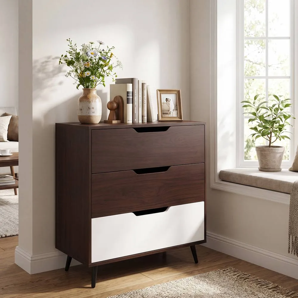 Costway Modern 3-Drawer Dresser Wooden Nightstand Metal Legs in Brown 3