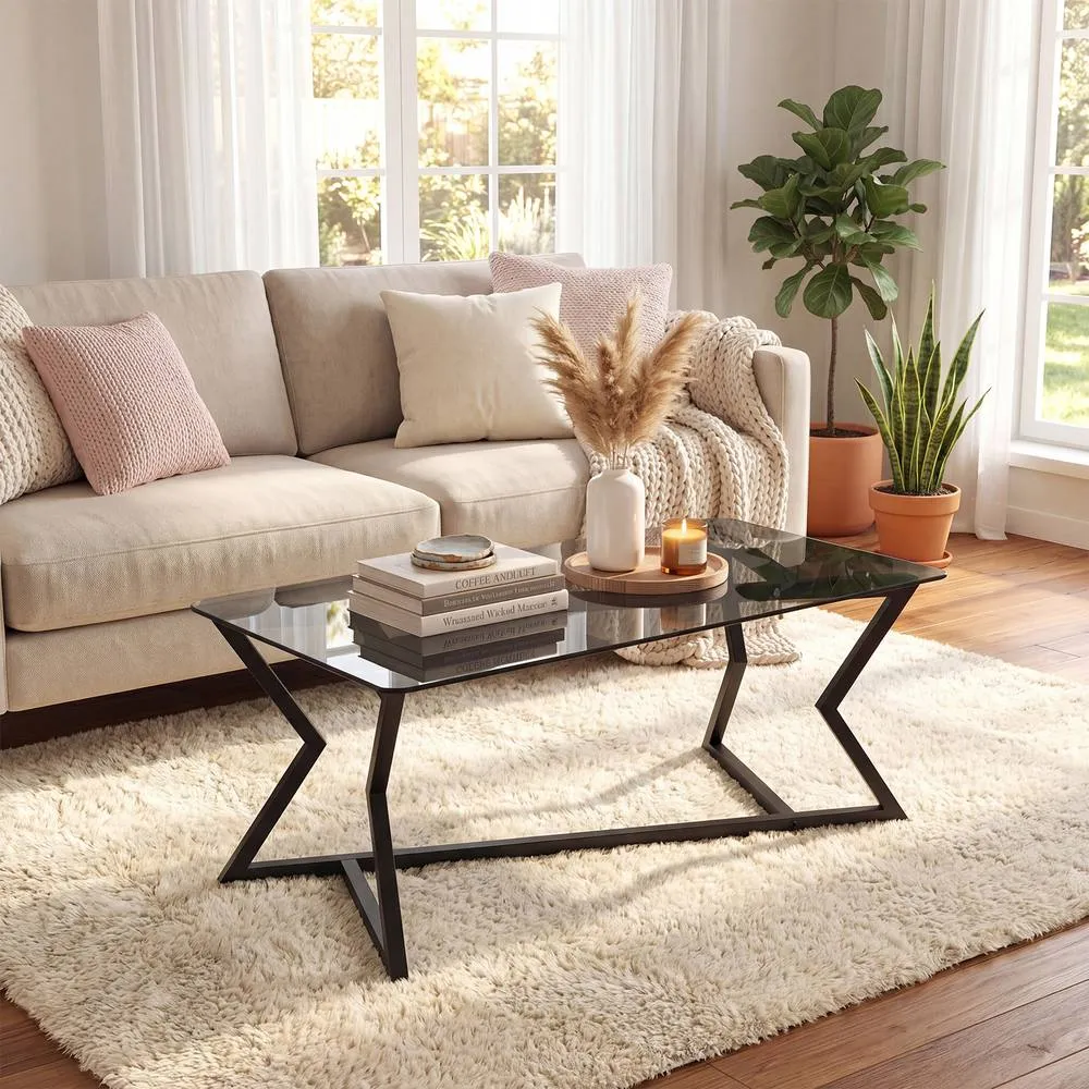 Costway Glass Coffee Table Rectangle Center Table Modern Accent Tea Table in Black 3