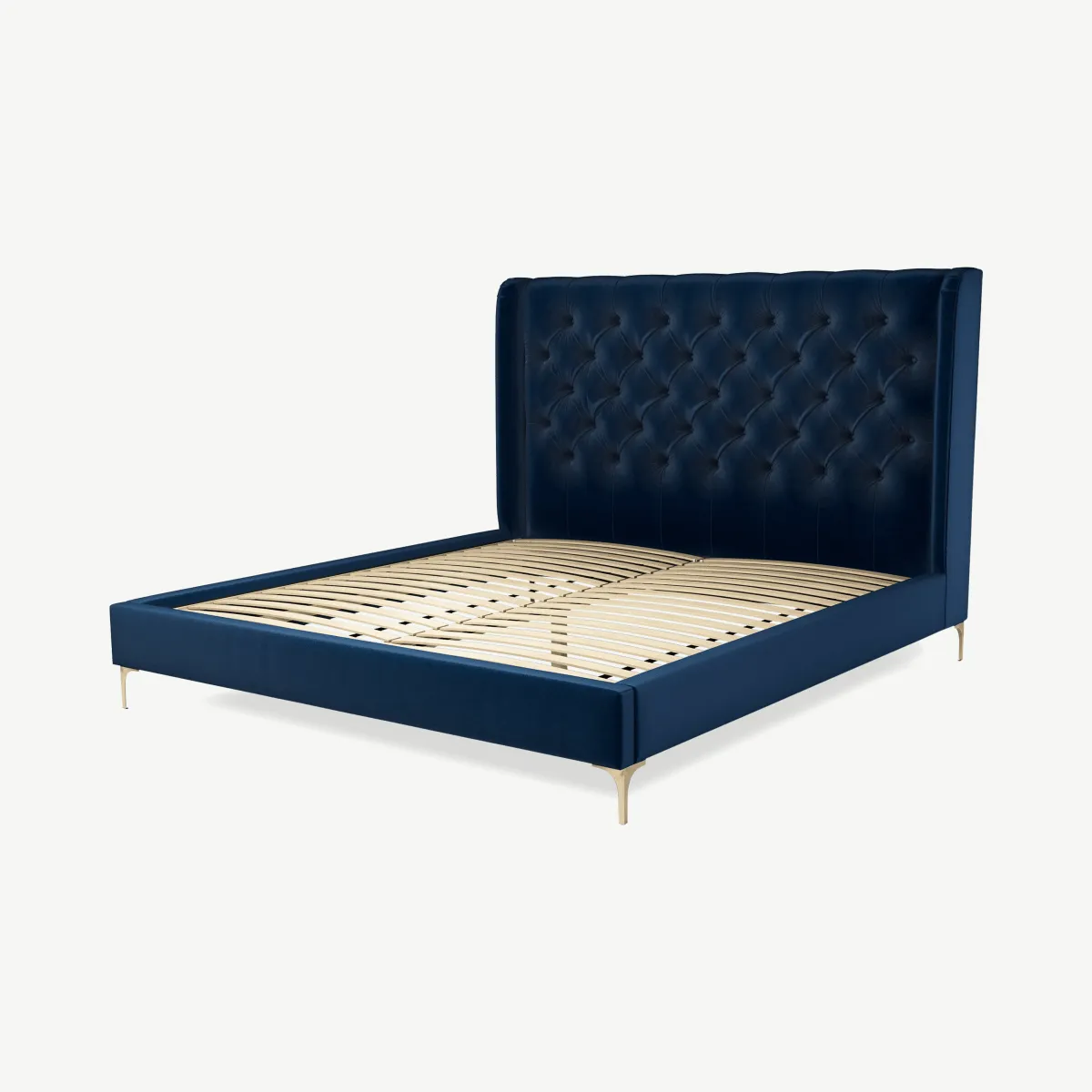 Romare Super King Size Bed, Regal Blue Velvet with Brass Legs