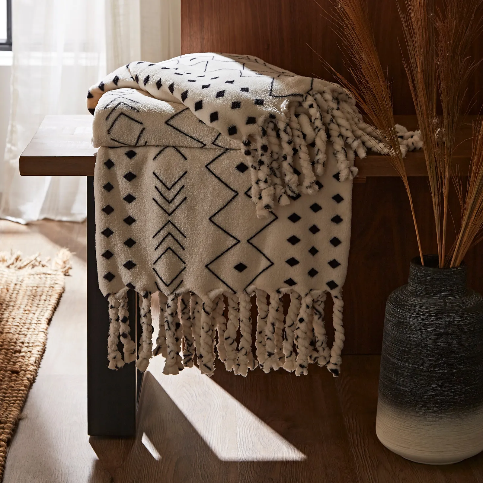 Boho Tassel White Fleece Throw White