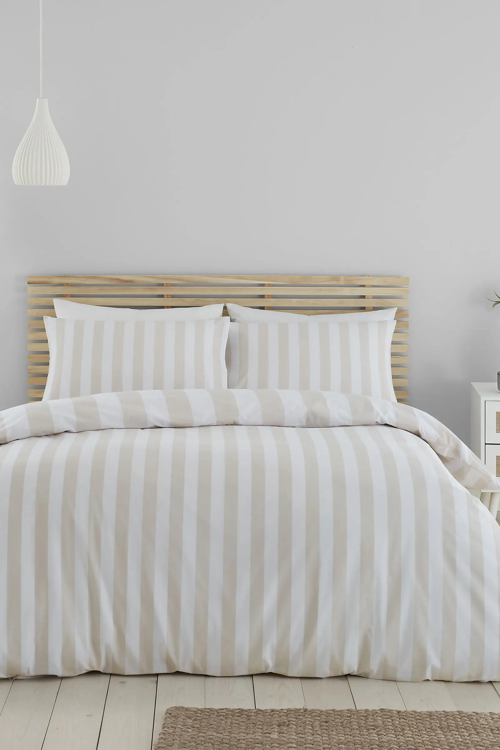 Catherine Lansfield 'Cove Stripe' Reversible Duvet Cover Set in Natural 2