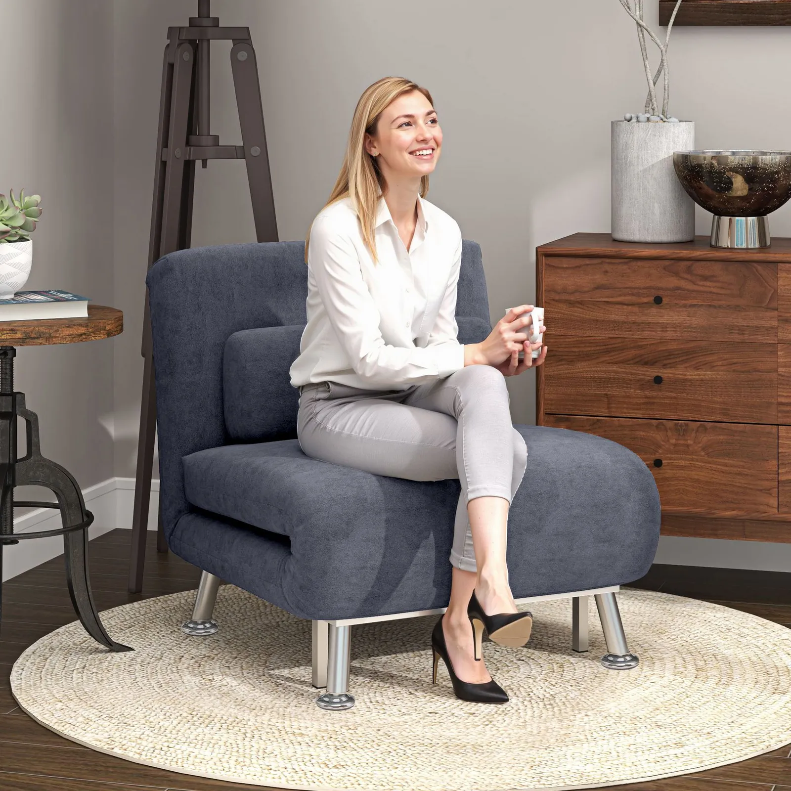 HOMCOM Folding 5 Position Convertible Sleeper Chair Charcoal Grey
