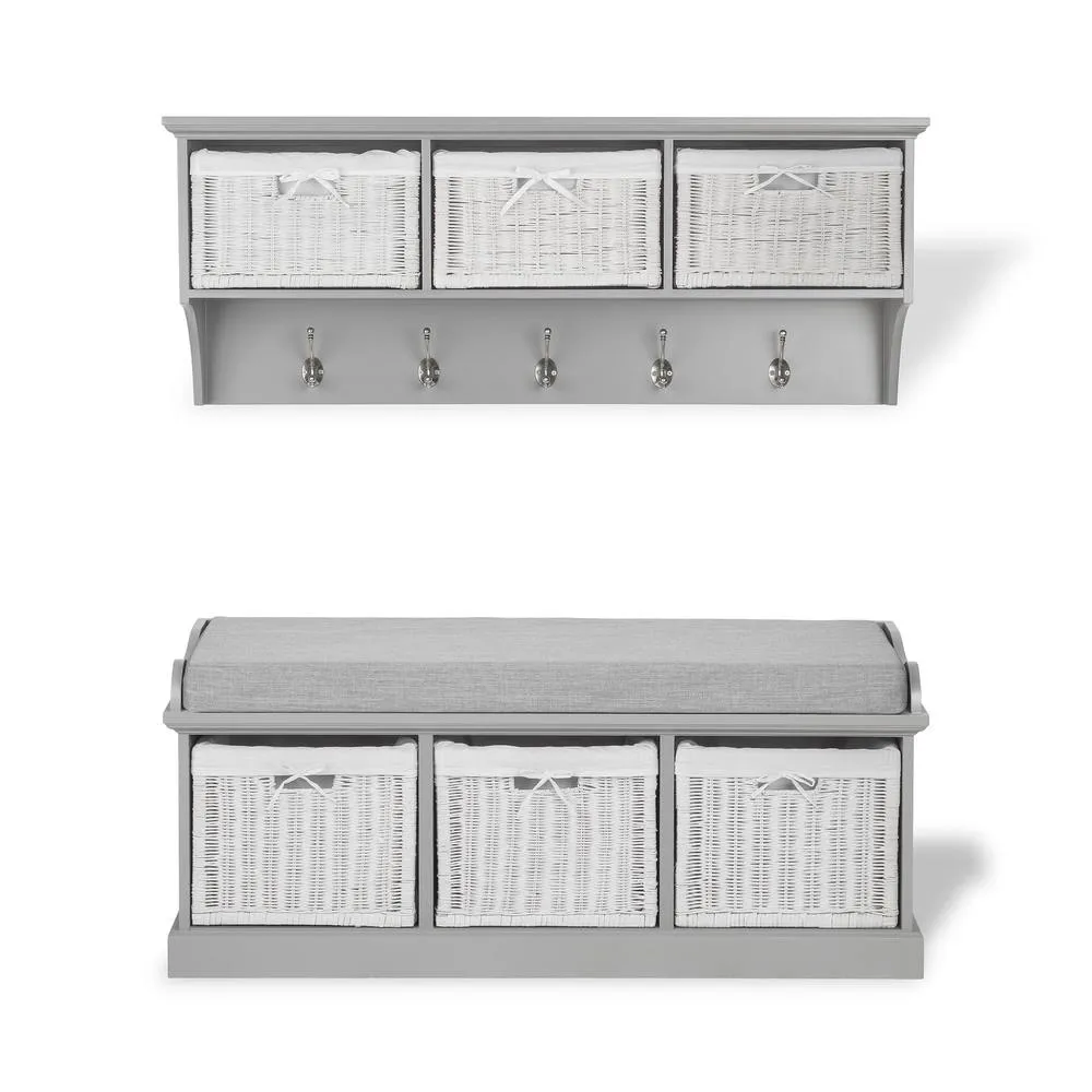 Statement Furniture Tetbury 3 White Wicker Basket & Grey Cushion Hallway Set in Light Grey