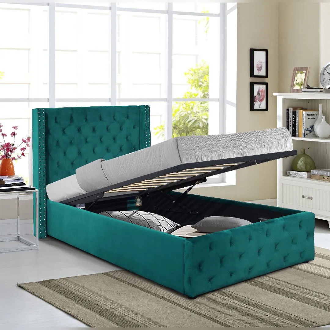Comfy Living Ltd Winged Plush Velvet Fabric Ottoman Gas Lift Up Storage Bed Frame in Green 1