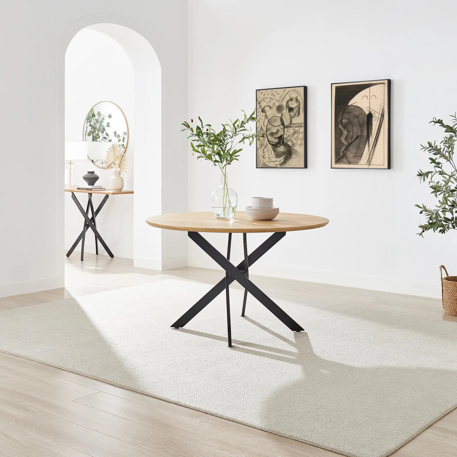 FurnitureboxUK Novara Round Oak Veneer & Black Metal 6 Seater Dining Table in Light Brown