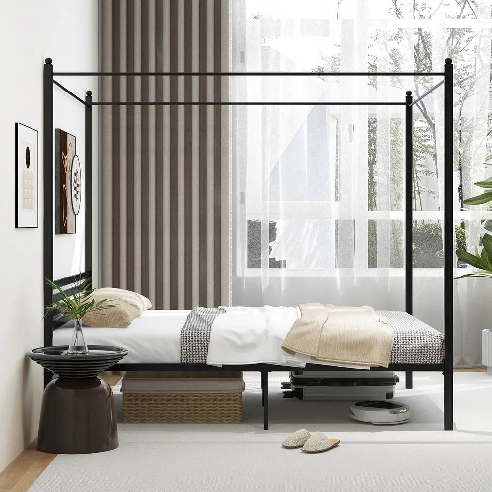 Costway Double Size Canopy Bed Frame 200x140cm Metal Platform Bed w/ Headboard in Black 3