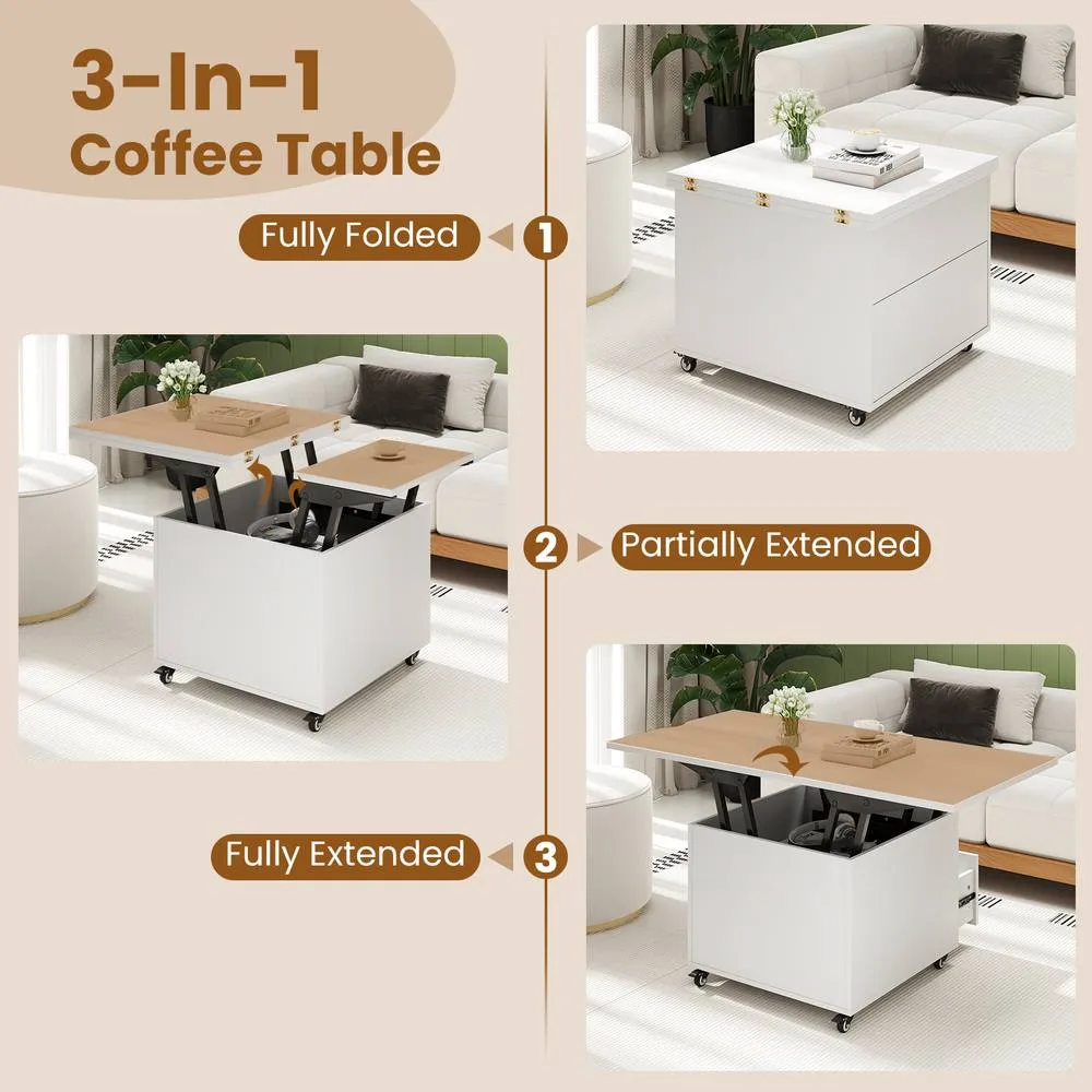 Costway Lift Top Coffee Table 3-In-1 Folding Center Table w/Hidden Storage in White 6