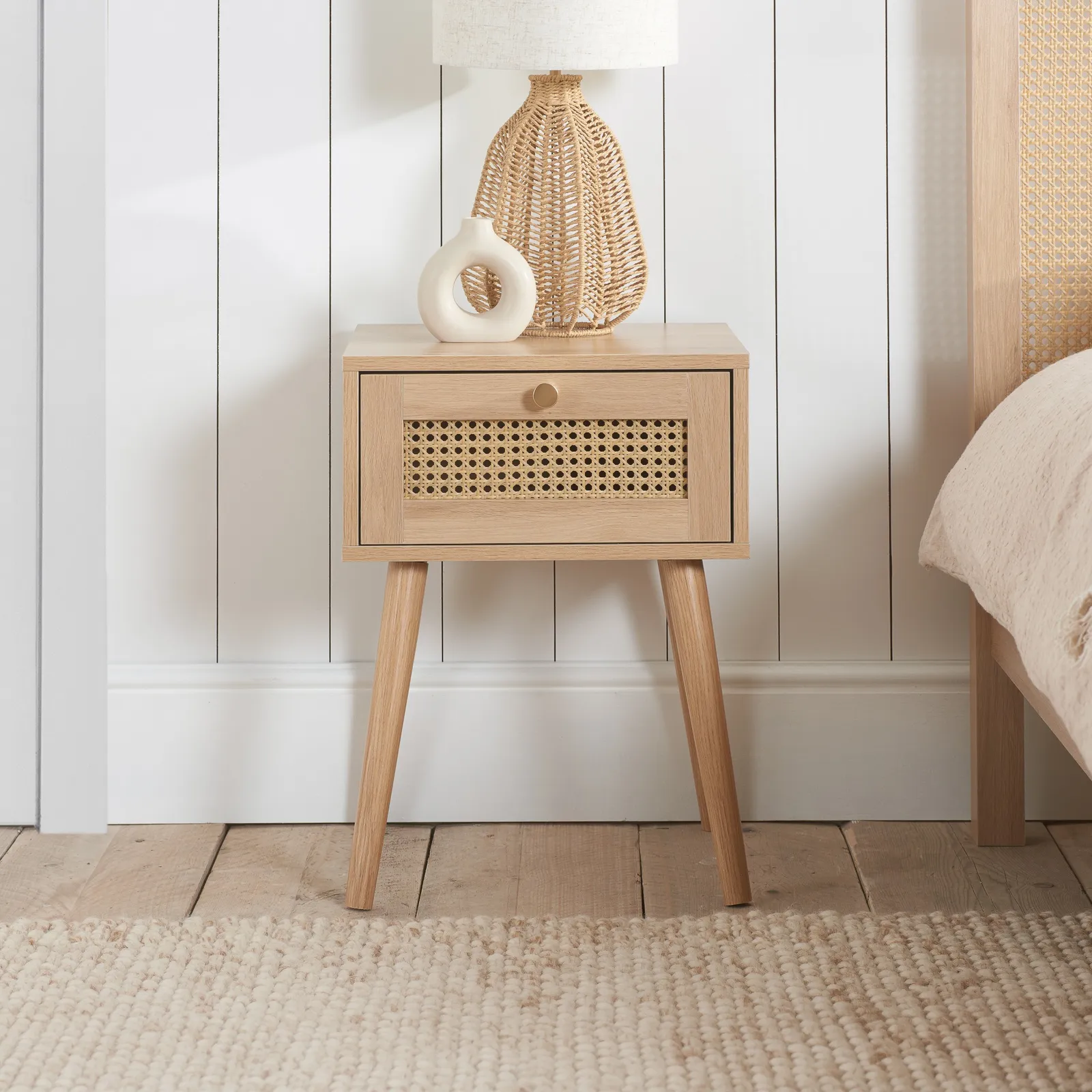 Croxley - 1 Drawer Bedside Table - Oak - Rattan - Wooden - Happy Beds