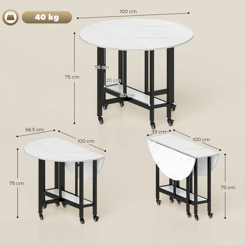 HOMCOM Folding Dining Table, Drop Leaf Table with Open Shelf, White Marble 3