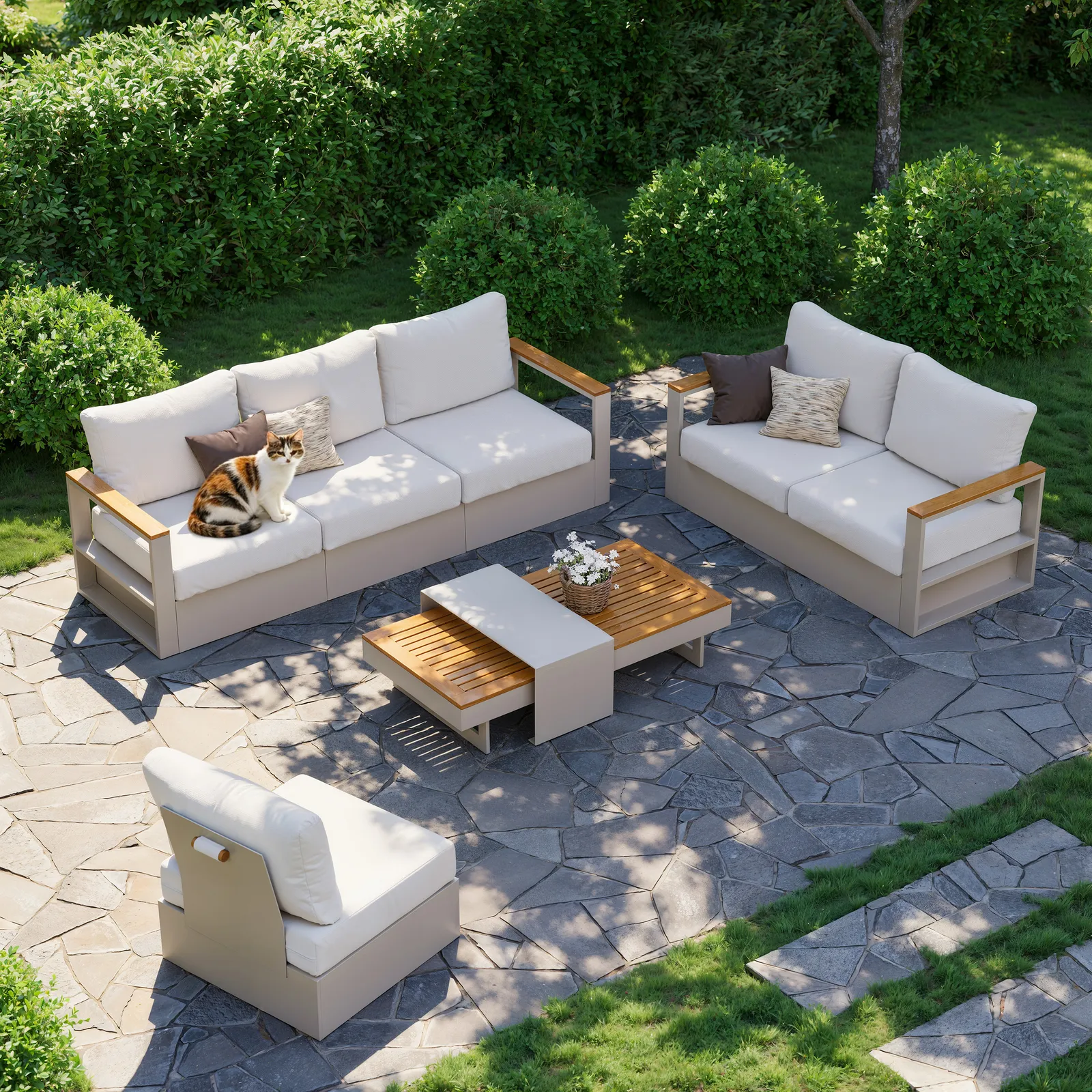 Convertible Outdoor Sectional Sofa Set with Teak & Aluminium Frame, Sand & Warm White (4-Piece)