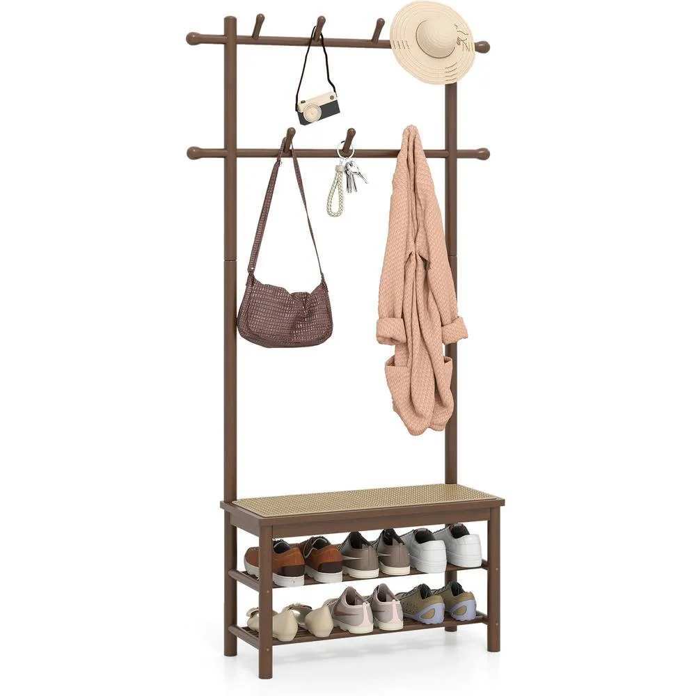 Costway Bamboo Coat Rack PE Rattan Hall Tree with Bench & Shoe Storage-Brown in Brown 5