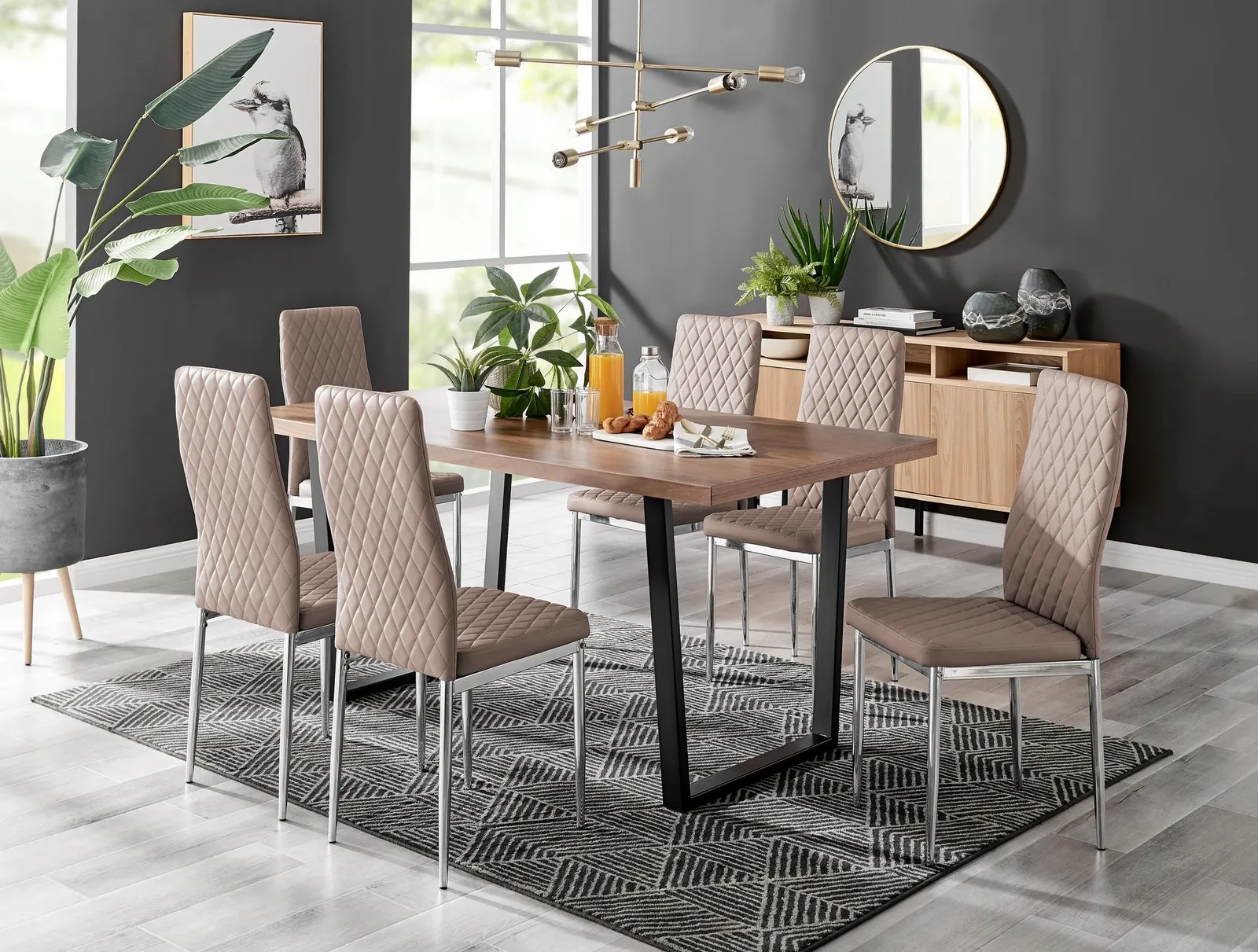 FurnitureboxUK Kylo Large Brown Wood Effect Dining Table & 6 Milan Chrome Leg Faux LeatherChairs in Beige 1