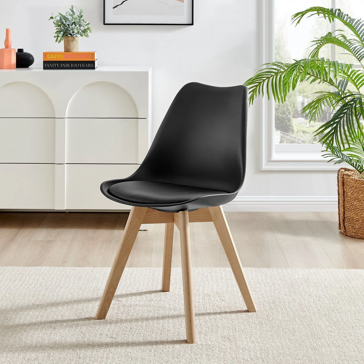 FurnitureboxUK Set of 2 Stockholm Natural Birch Wood Scandi Minimalist Dining Chairs with Faux Leather Cushion in Black 5