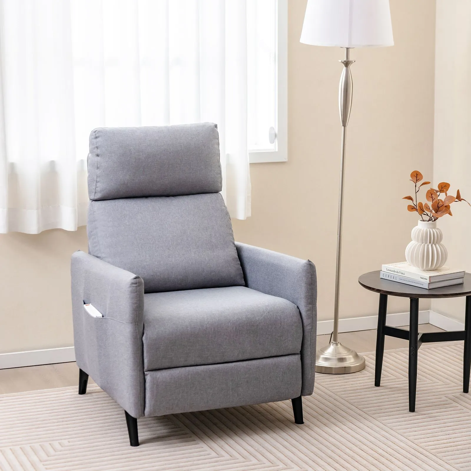 Costway Push Back Recliner Chair Linen Fabric Reclining Armchair Single Sofa in Grey