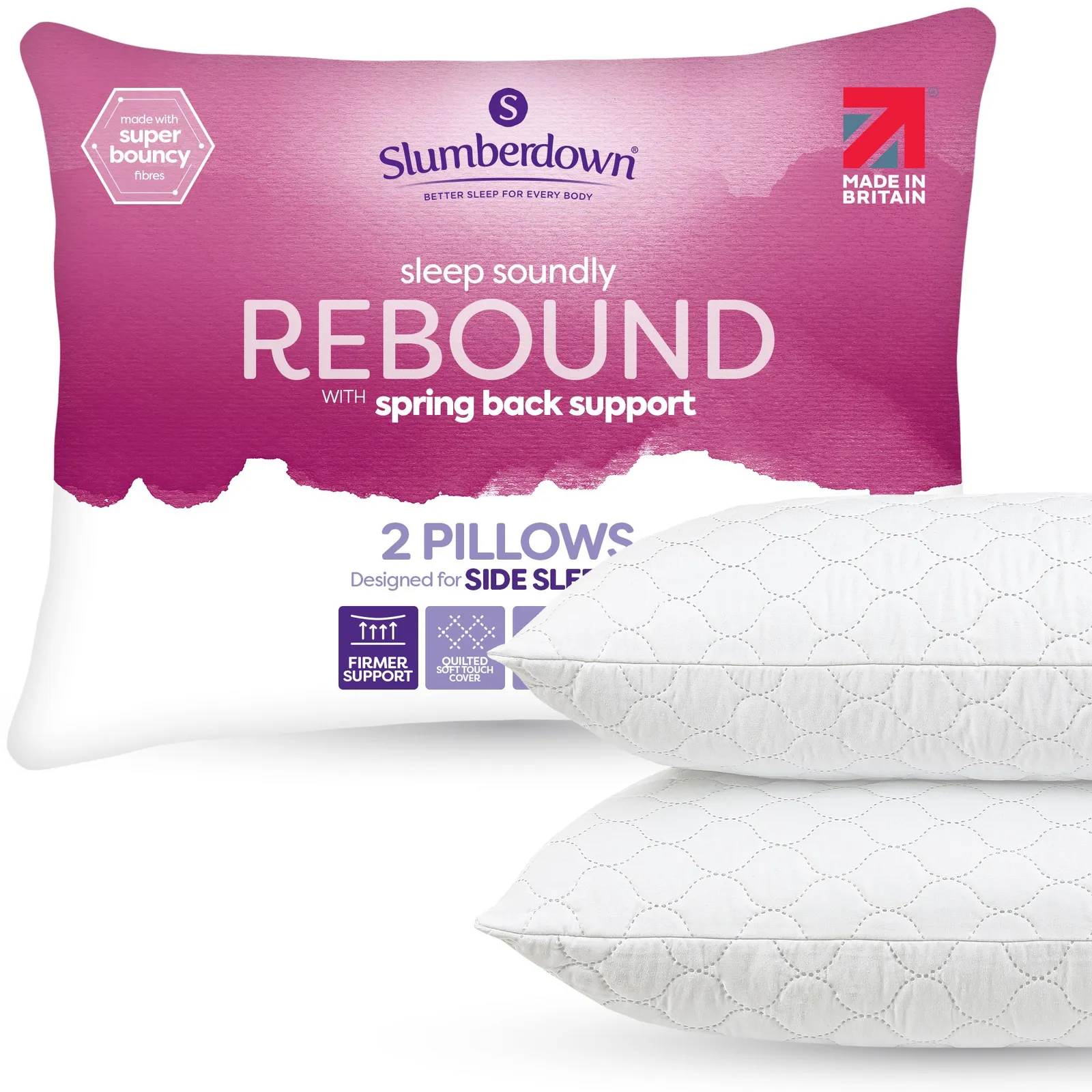 Slumberdown 2 Pack Sleep Soundly Rebound Firm Support Side Sleeper Pillows in White